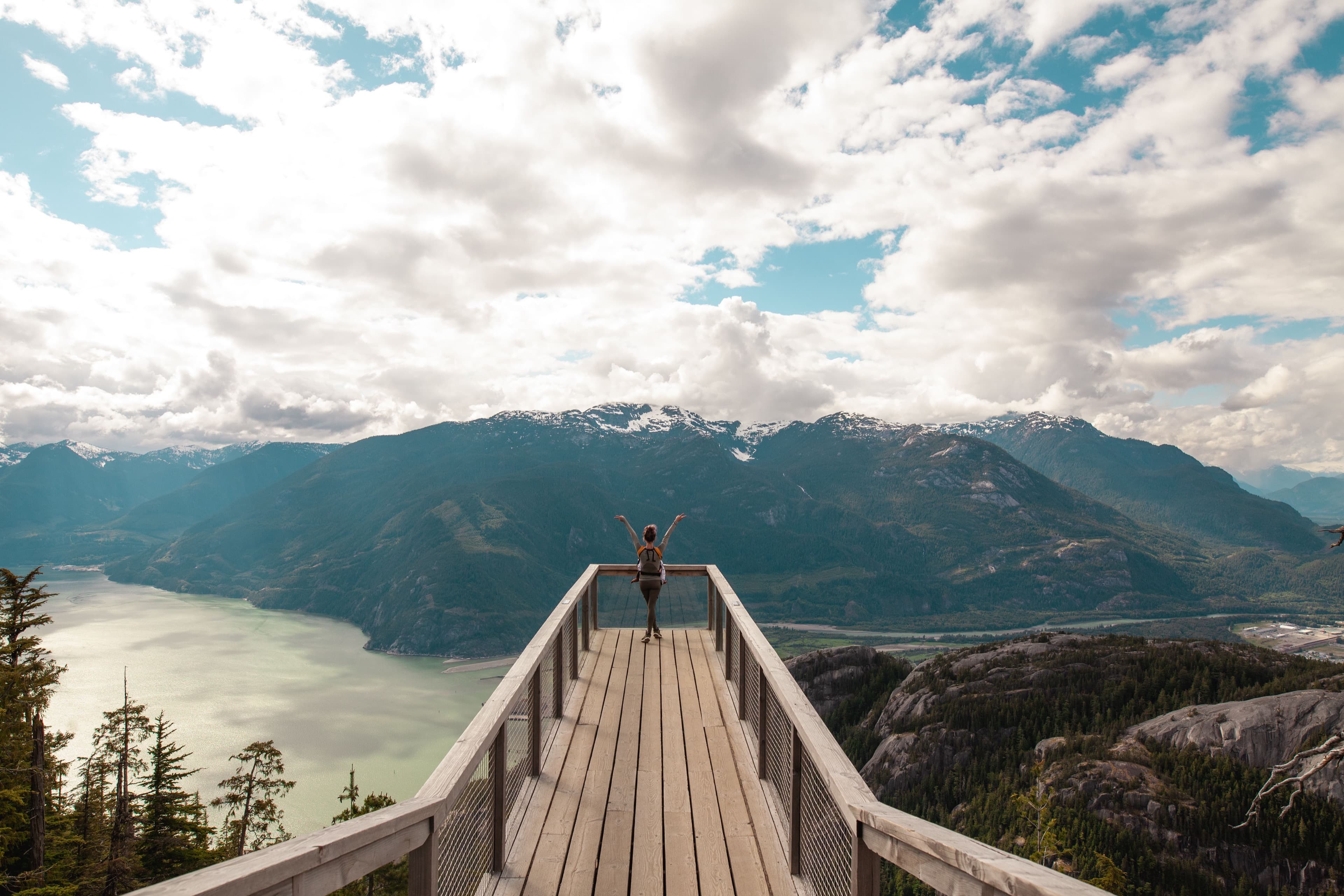 View over Howe Sound and the Sea to Sky mountains from the Sea to Sky Gondola summit in Squamish
