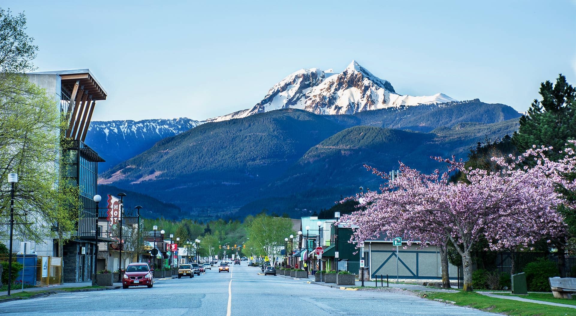 Downtown Squamish in spring with the Tantalus mountain peak overhead